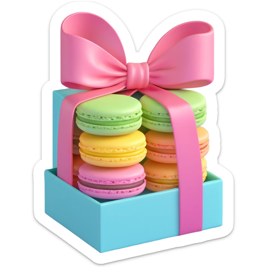a box of macarons with a bow on top, festive, shiny, pastel colors, cute and gift-like sticker