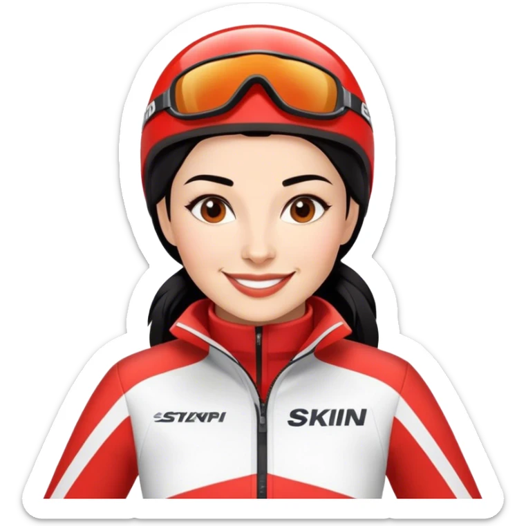 Ski racer woman red white dress with the name Stephanie on the dress black hair smile sticker