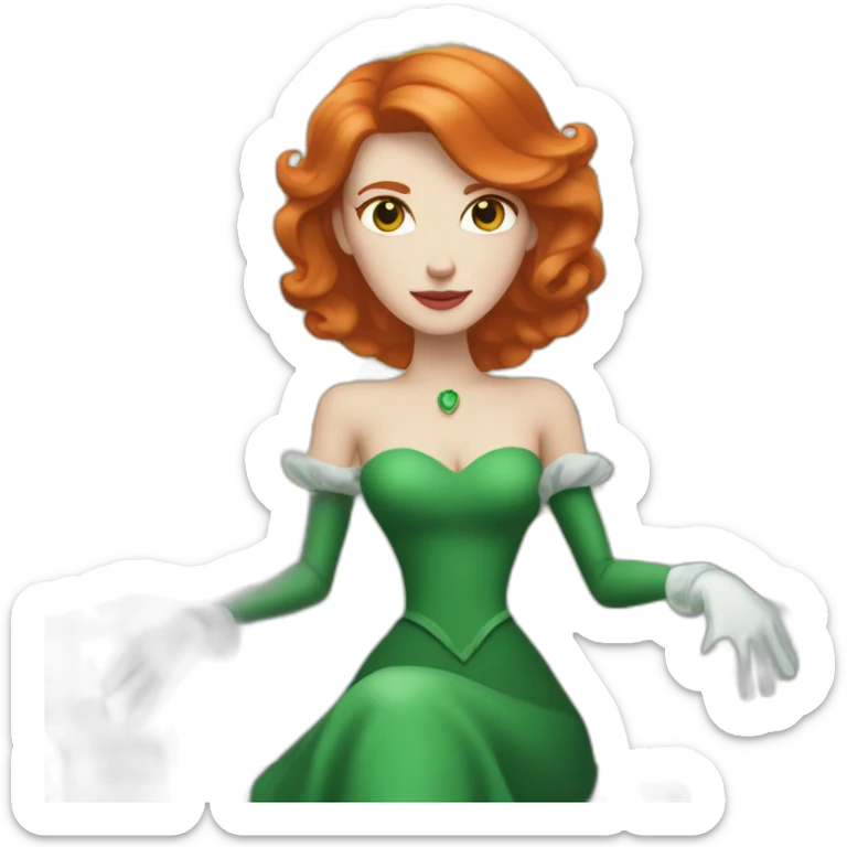 white skin redhead queen with straight hair wearing white gloves on her throne, wearing a green dress sticker