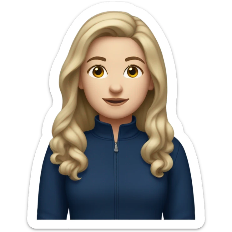 a white girl with dark blonde hair wearing a navy blue 3/4 zip sweatshirt sticker