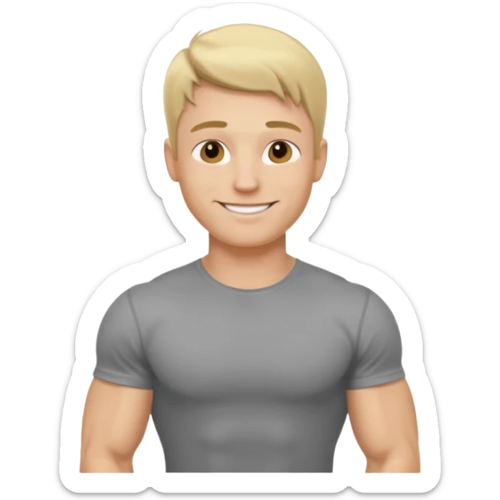 fais le meme blond, tee shirt gris mais musclé et fin qui sourie et ça s'arrête à la taille sticker
