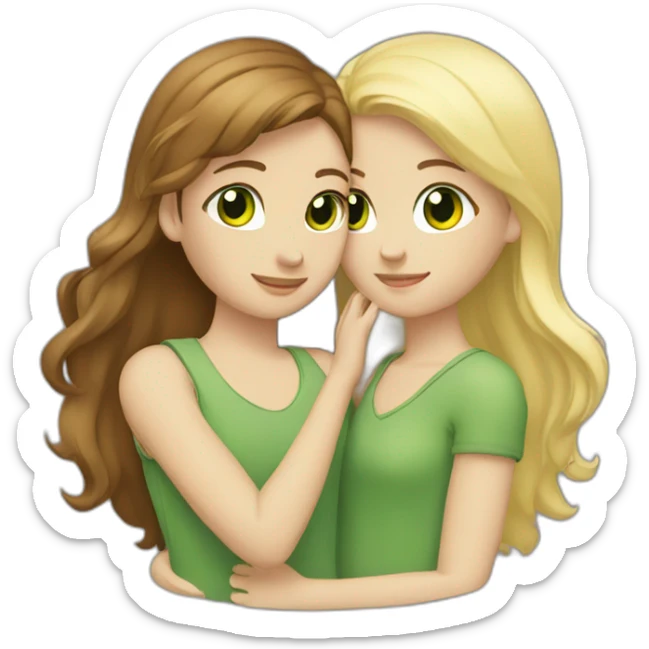 Two girls hugging: one has brown hair and brown eyes, and the other is blonde with green eyes. sticker