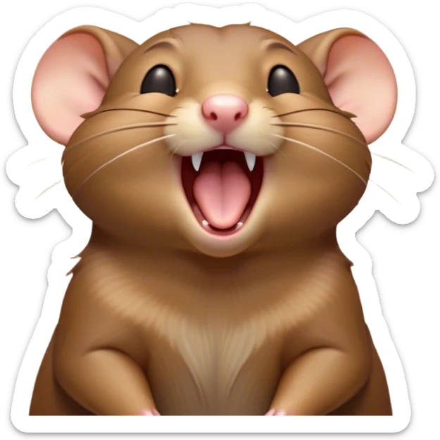 Cinematic Cute Yawning Brown Rat Portrait Emoji, Head tilted slightly with a dramatic, wide-open yawn, showcasing a soft, sleek brown coat with tiny drooping ears and half-closed eyes in drowsy contentment, Simplified yet irresistibly adorable features, highly detailed, glowing with a soft, cozy glow, high shine, relaxed yet expressive, stylized with a dash of urban charm, soft glowing outline, capturing the essence of a sleepy yet affectionate rat that seems ready to stretch out for a nap! sticker