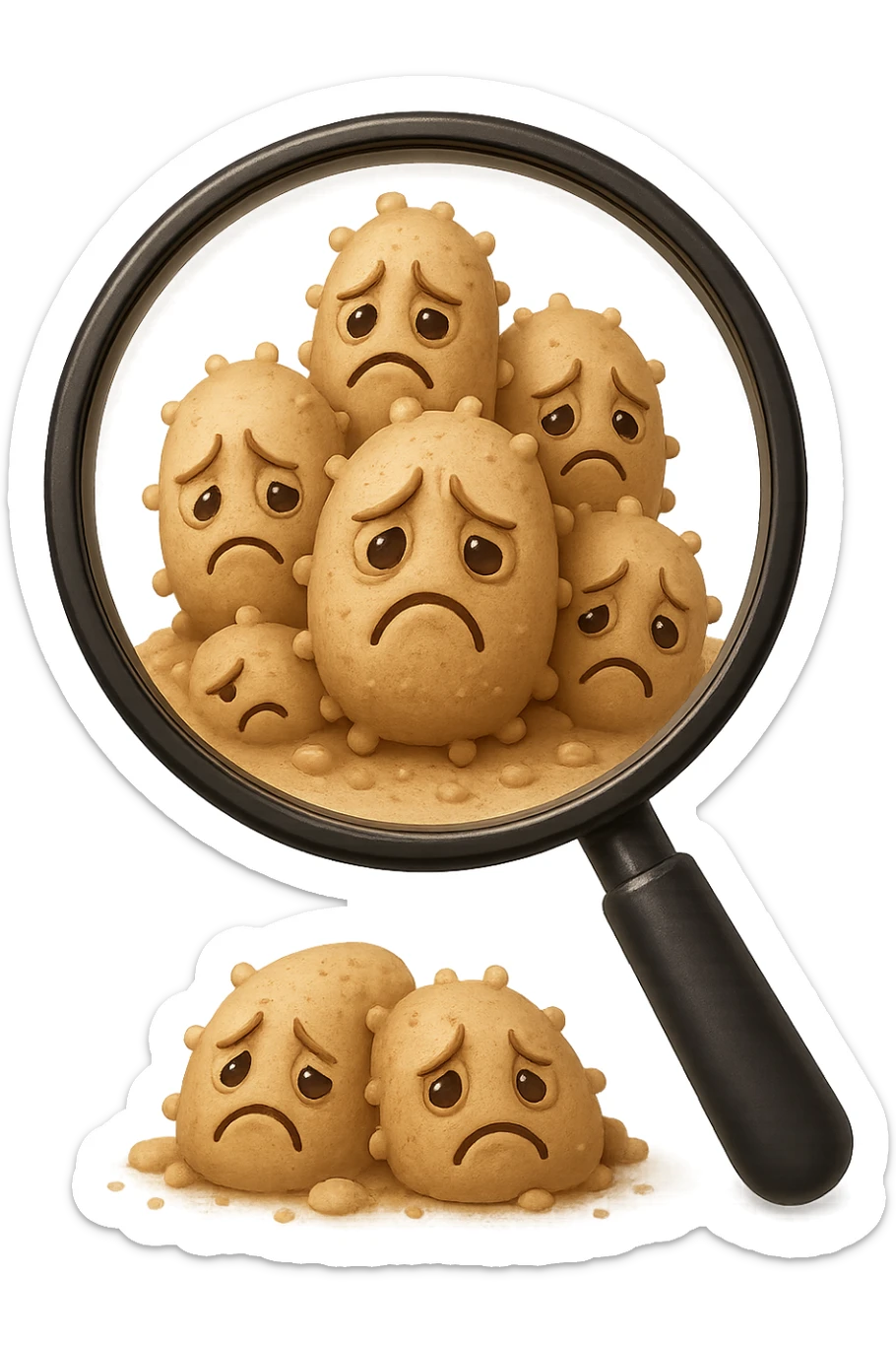 EMOJI STILE IPHONE DI una lente di ingrandimento che inquadra un cumulo di batteri intestinali tristi, IPERREALISTICO 4K sticker