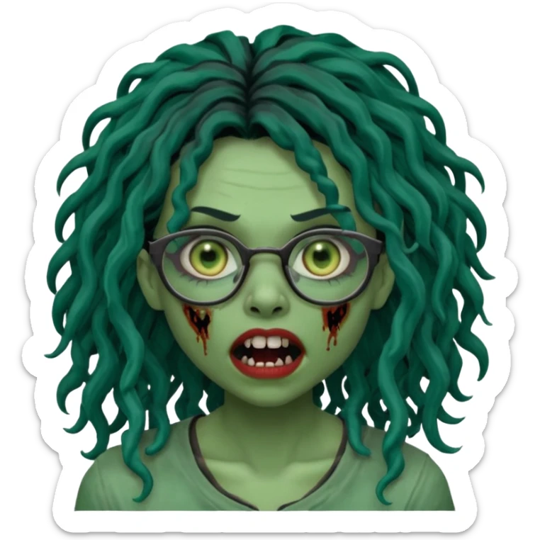 One female green-skinned, zombie super pretty with glasses, with ombre black roots & dark teal long locks and a side bang of her locs that fall over the right eye and a sinister expression with the mouth open, teeth showing, and the jaw uneven. with a small wound near its mouth. Make her locks curly sticker