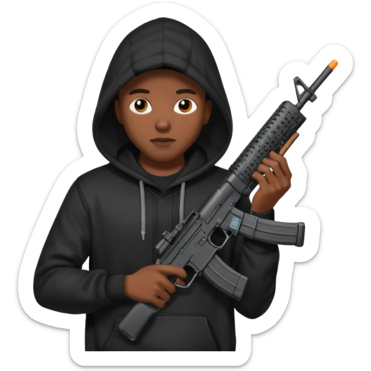
Fais moi un jeune afro américain qui ressemble a un gangster qui tient une AR15 avec un hoodie a capuche, capuché sticker