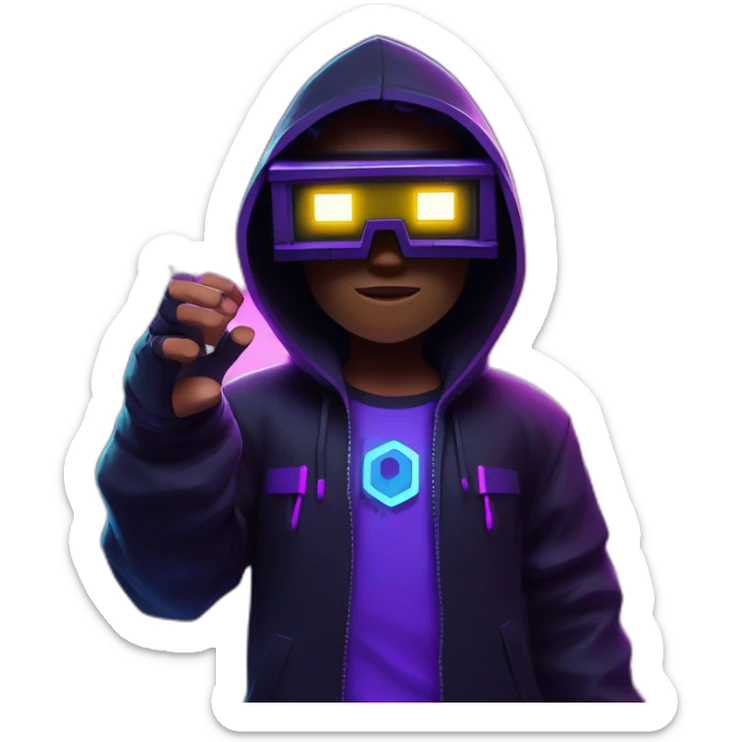 Minecraft hero wearing a black hoodie with "OMG" letters on it and VR headset in a cyberpunk VR environment with violet neon lighting. sticker
