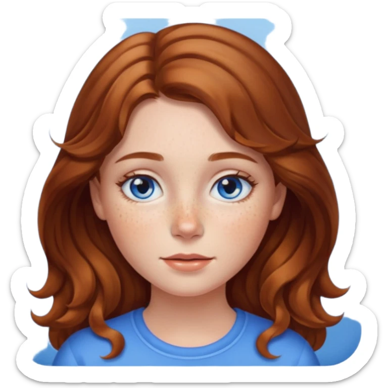 girl with warm brown slightly wavy hair, blue eyes, lots of freckles, apple emoji style sticker