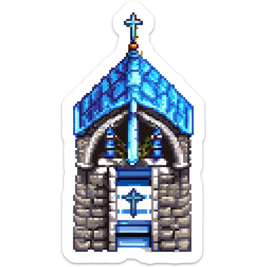 medieval temple, pixel art style, stone temple with stained glass, blue and gray details sticker