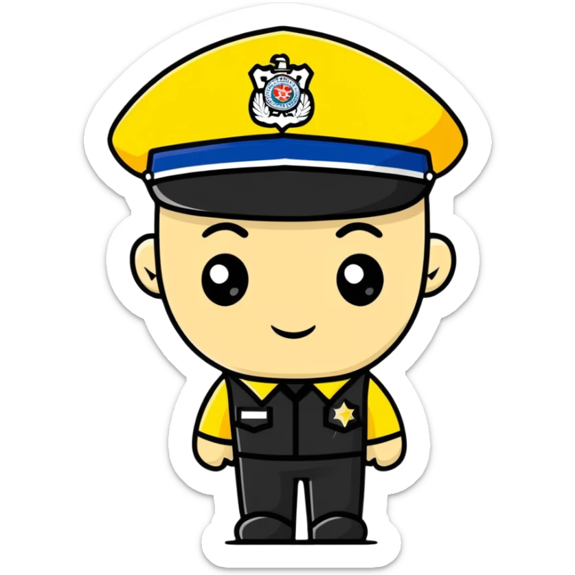 Russian police officer with yellow uniform and yellow police hat sticker