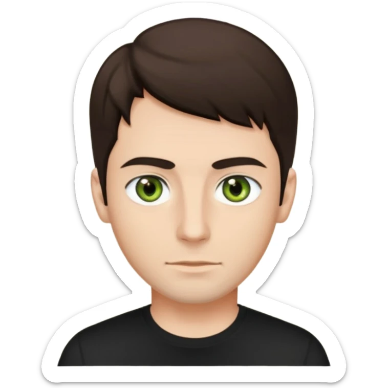 A man with olive green eyes, dark brown hair, fair skin tone, wearing a black shirt  sticker