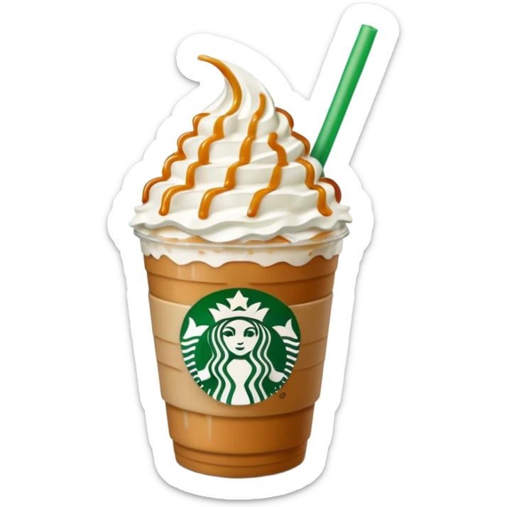 A 3D cartoon Starbucks Frappuccino cup with whipped cream and caramel drizzle, frosty texture, green straw, transparent cup with logo, soft cool lighting, Memoji-style. sticker