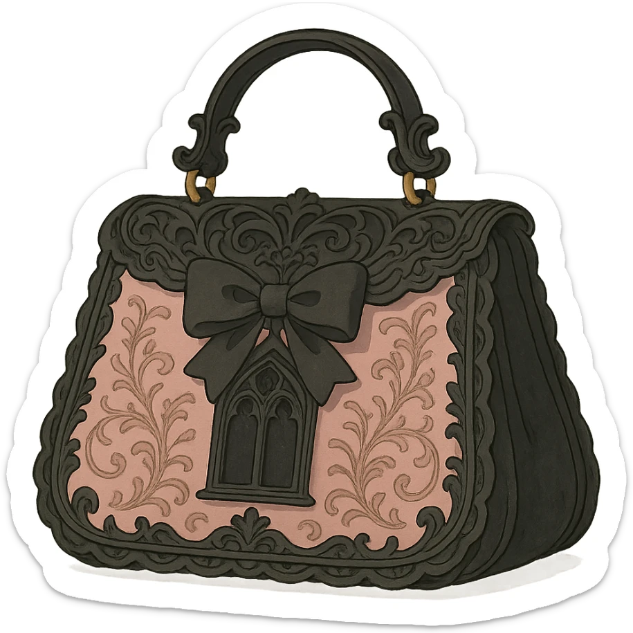 Pink and black gothic purse in Ghibli style, ornate details, lace, elegant, whimsical, soft lighting, no background sticker