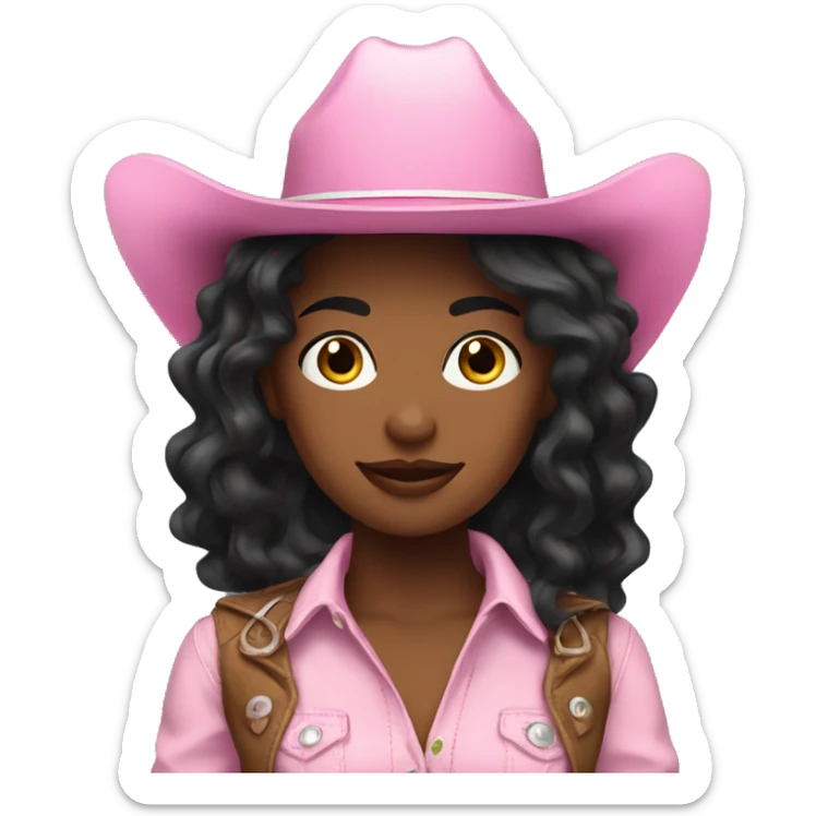 white cowgirl with black wavy hair wearing a pink cowgirl hat sticker