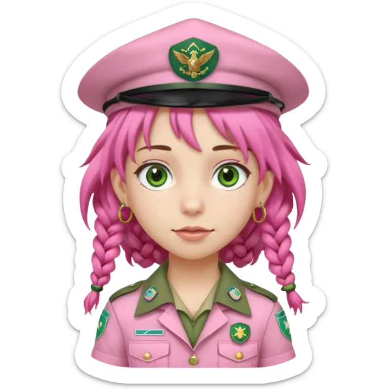 very pretty girl big green eyes, scout girl with pretty pink uniform, pink dreadlocks, and big earrings and scouts hat sticker