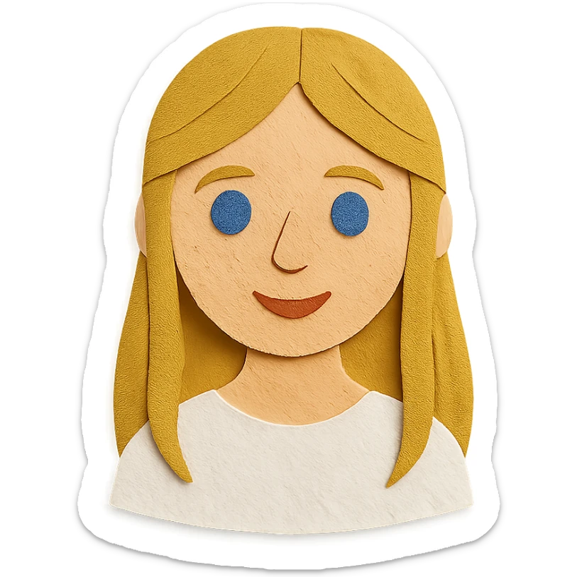 girl with long dirty blond hair, blue eyes, wearing a white top in paper craft style sticker