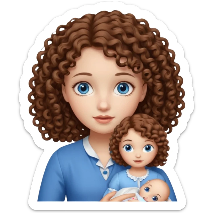 Una niña con ojos celestes y pelo rizado con piel blanca y con una muñeca  sticker
