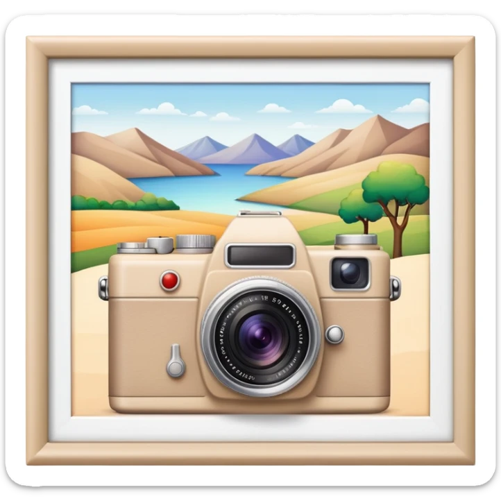 A beige camera and next to it a landscape photograph of the frame behind the camera sticker