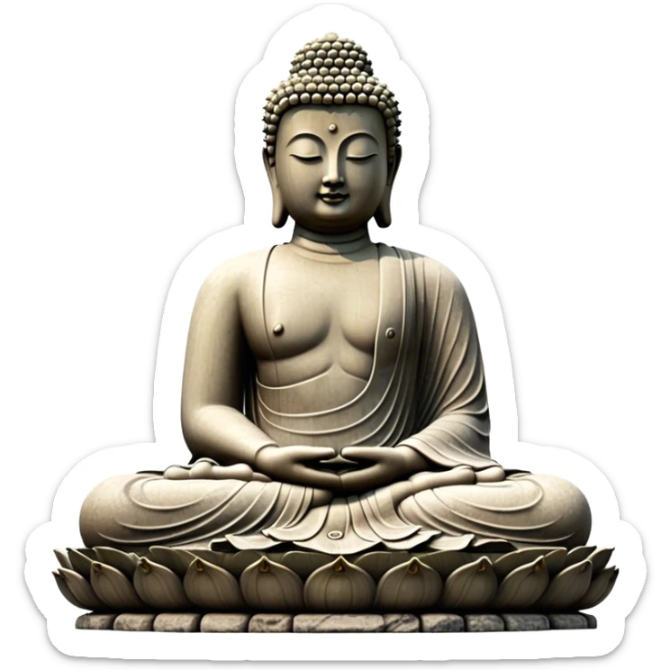 Cinematic Realistic image of the Big Buddha Monument of Sinheungsa Temple, portrayed as a towering, serene Buddha statue carved from weathered stone with intricate details and a gentle meditative expression, set within an ancient temple landscape enveloped in soft, ethereal lighting that underscores its spiritual majesty. sticker