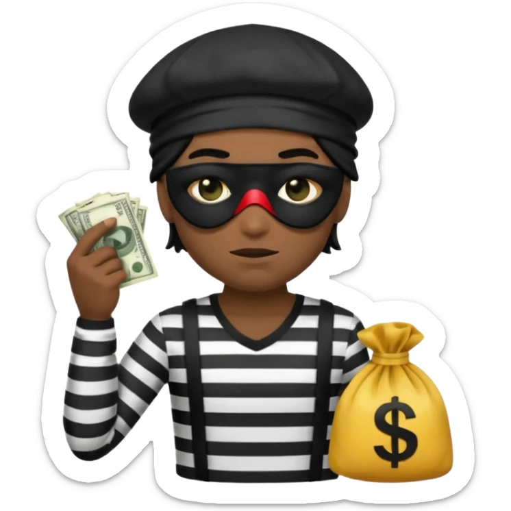 a short ios emoji-style portrait of a classic burglar, a black eye mask (looks like a blindfold) and a black-and-white striped shirt. emoji-like hair, black hat, ONE bag of money 💰 with a dollar sign in a right corner, evil expression WITHOUT a hand  sticker