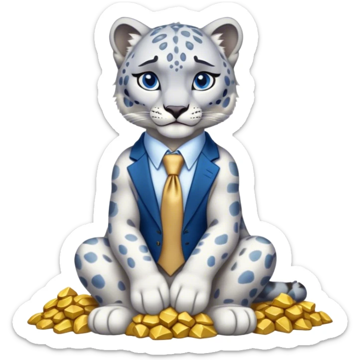 muscular snow leopard in suit with blue tie sitting on pile of gold nuggets sticker