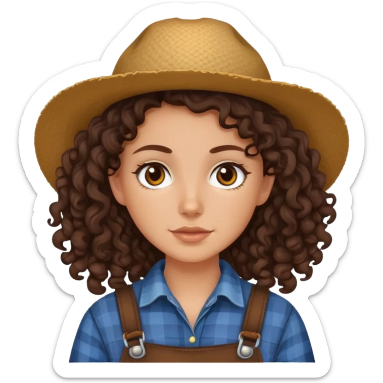 white girl with dark brown curly hair, brown eyes, wearing farm clothes sticker