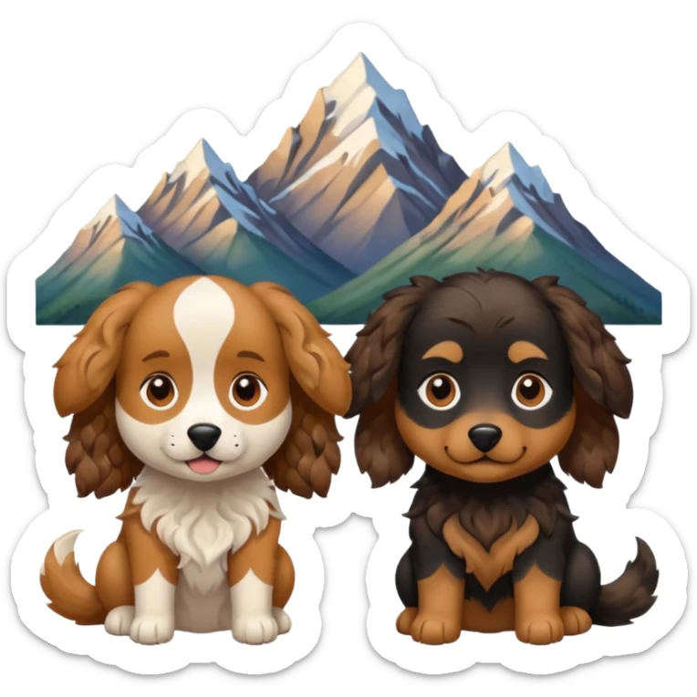 two dogs with wavy hair, one black and brown, one shades of brown with mountains sticker