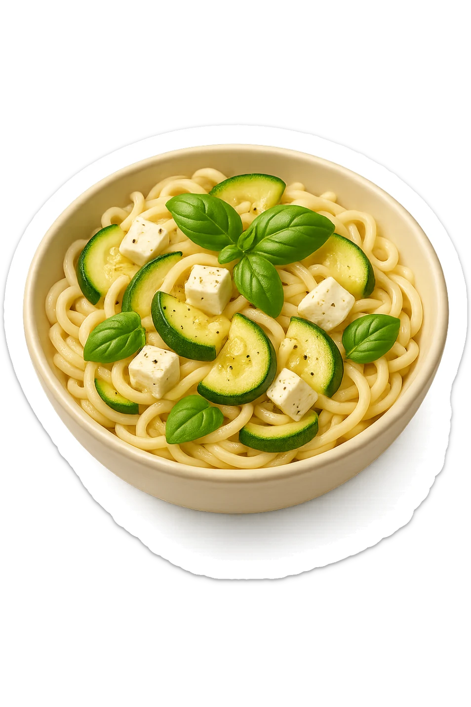 EMOJI STILE IPHONE DI bowl di Pasta di riso con zucchine, basilico e feta, iperrealistica 4k sticker