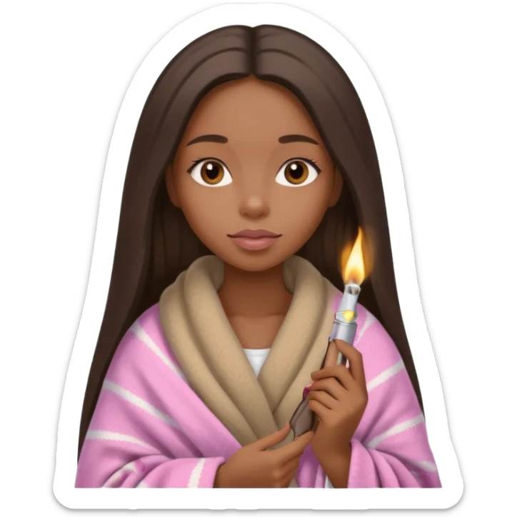 Curvy, light brown long hair, pretty black girl light pink lipgloss wrapped in blanket holding a lighter and blunt sticker
