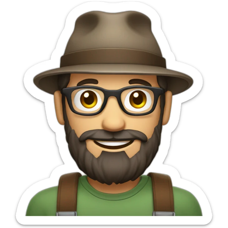 happy smile gardener face long dark beard and very short dark hair round glasses brown eyes and a hat sticker