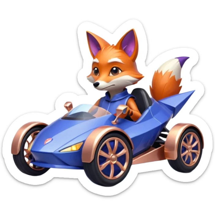 dark crystal blueberry and rosegold-accented cyber faceted-body electric racing car driven by a small cute alien relaxed fox with rear spoiler, roll bar, and wheely bar sticker