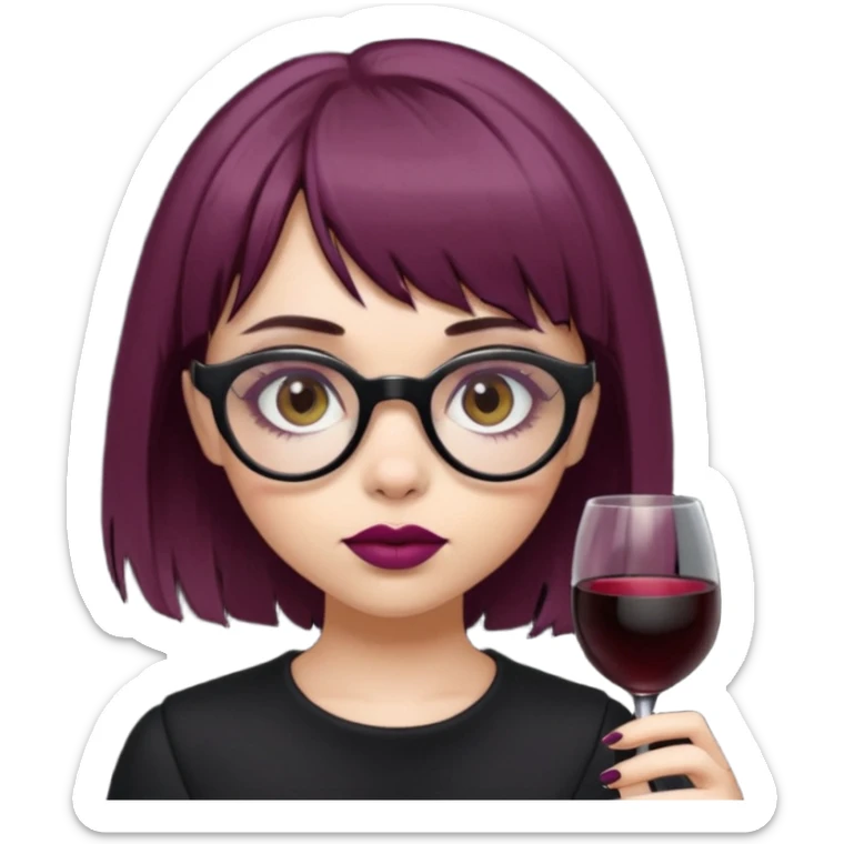 Emoji girl that has mid length brown shaggy cut hair with baby bangs, has hazel eyes and wears half transparent glasses, she is goth and wears wine colored lipstick sticker