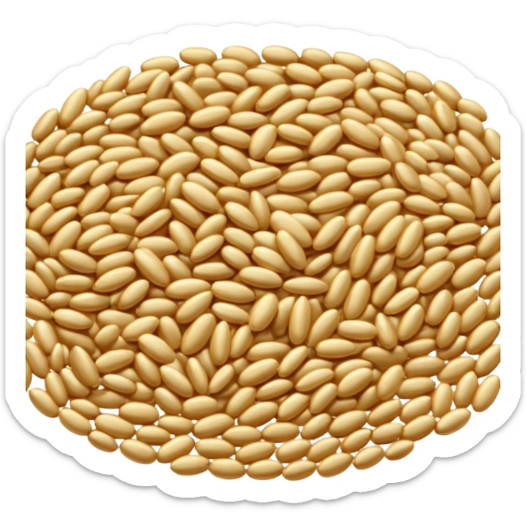 loose scatter of whole barley grains, oval and slightly elongated, pale beige to light golden, smooth matte surface with fine ridges, hearty rustic cereal look, soft lighting, subtle shadows, emoji scale sticker