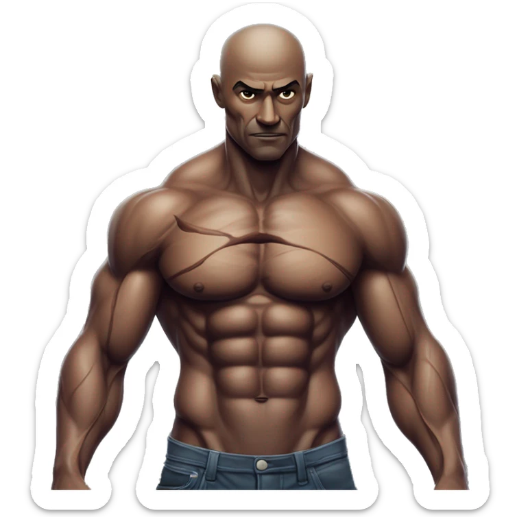 A muscular man with veins visible across his chest, but his arms are extremely thin, creating a striking contrast with his well-defined six-pack. His exaggerated physique, with unusually thin arms, creates a surreal and intense visual. sticker