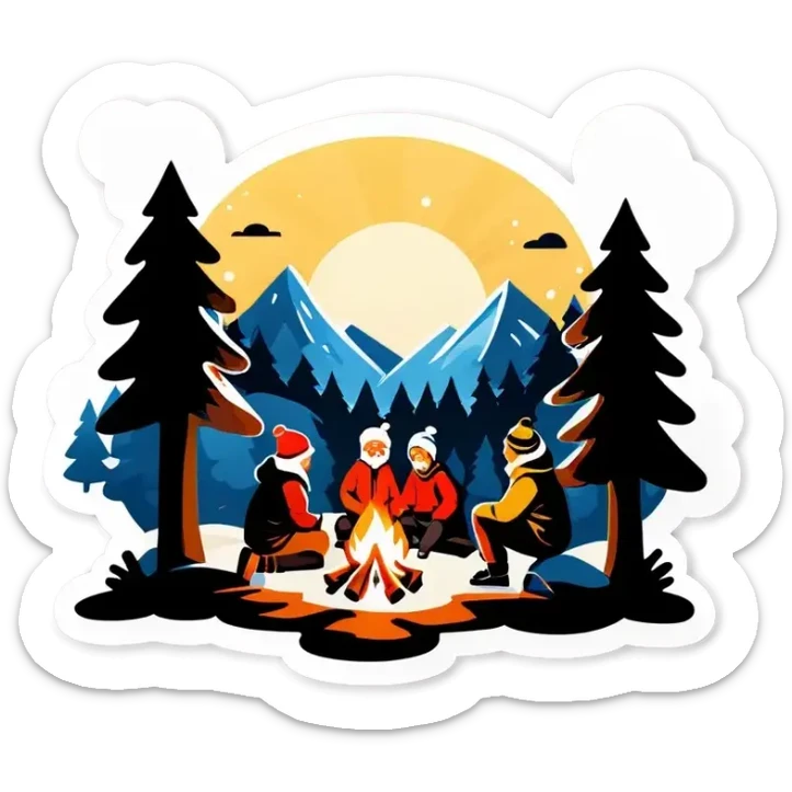 Drei Personen, Lagerfeuer in schneebedeckten Wald mit Nordlichtern am Himmel sticker
