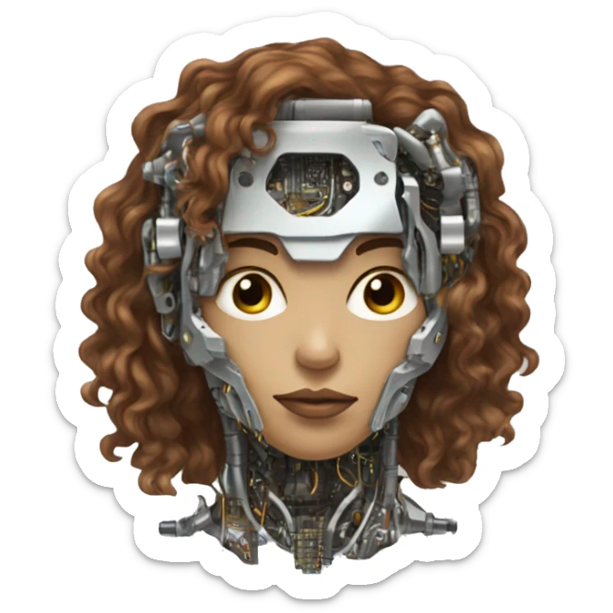 female cyborg head with metallic plated face, long brown curly hair and circuitry sticker