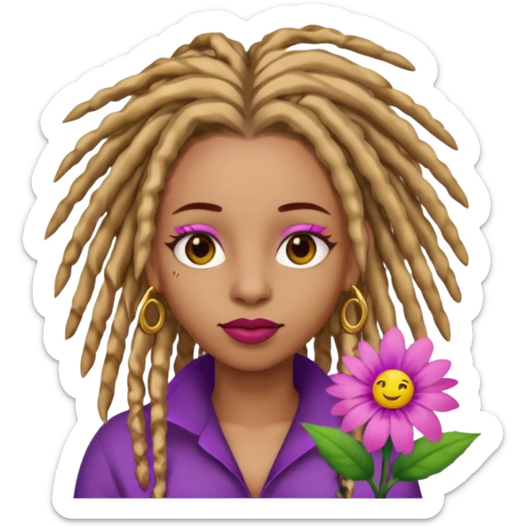 Gold dread locs pink emoji face purple flower in the hair red lipstick light brown face  just the face pink tips on end of locs  sticker