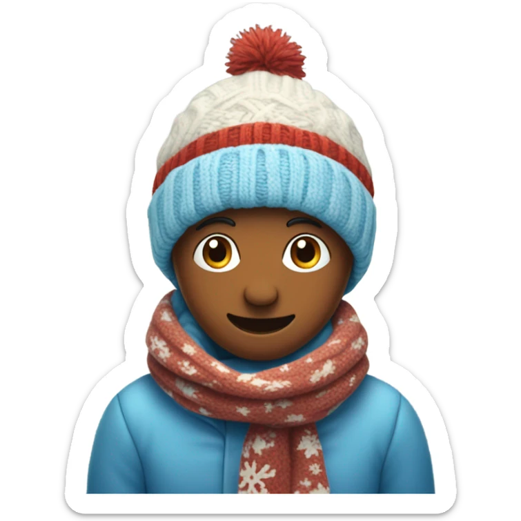 Generate a cozy winter-themed emoji face with a beanie, scarf, and snowflakes around it. Use warm and cool tones like soft blues, whites, and reds. The style should feel comforting and seasonal. sticker