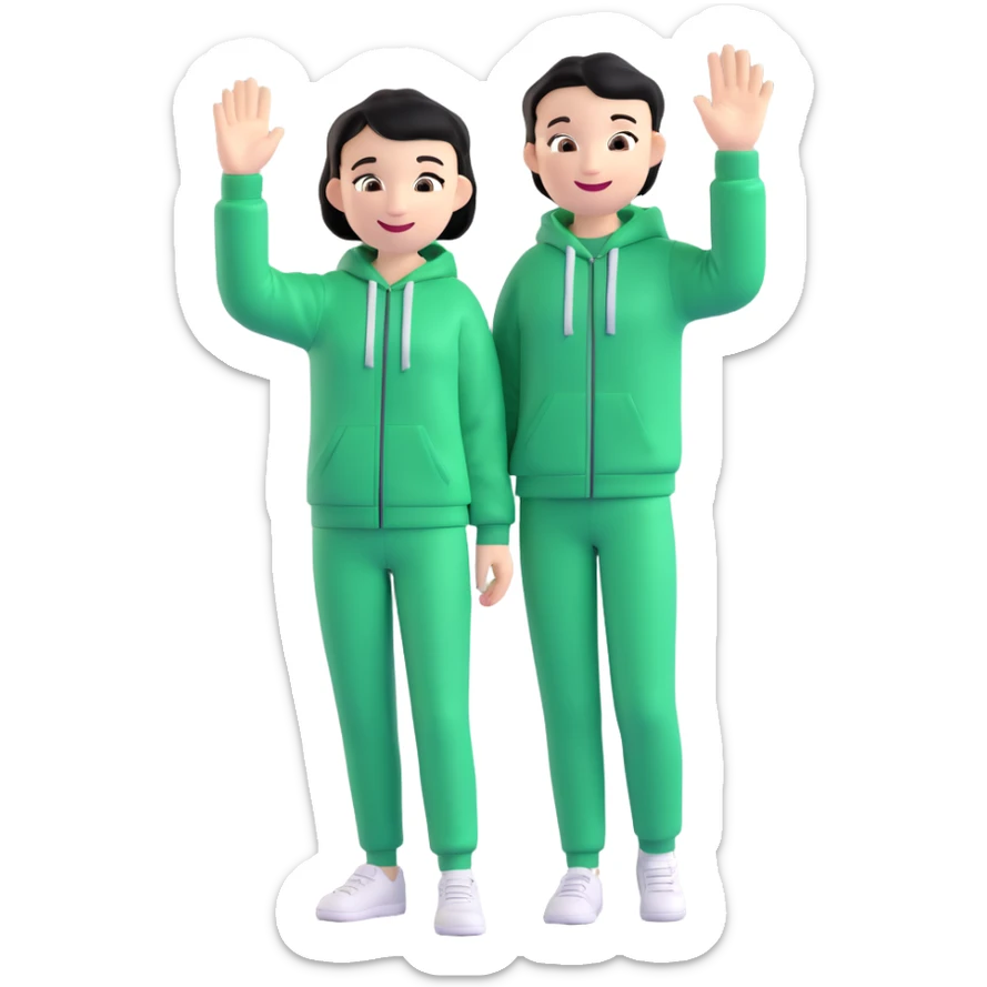 main character from Squid Game wearing green tracksuit, short black hair, smiling, waving hand sticker