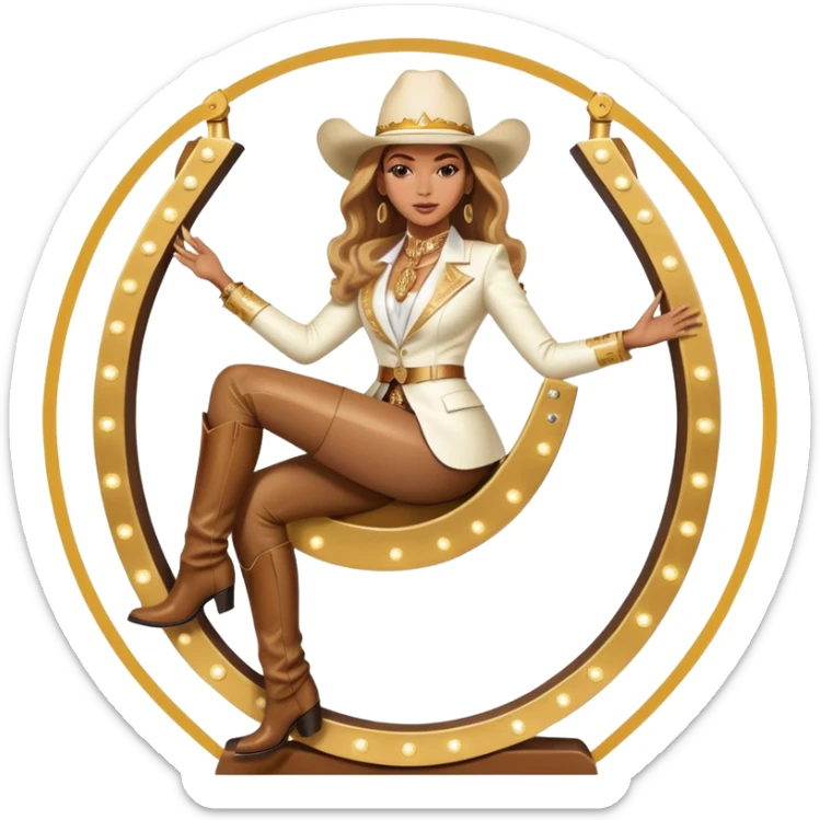 Beyonce sitting with gold and white cowboy suit and hat sitting on giant light up horseshoe sticker