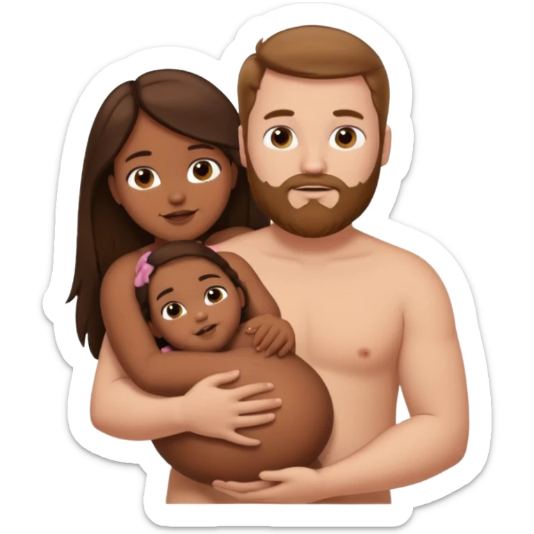 chubby white guy with brown hair and beard, holding a brown girl with long dark hair in arms, naked, showing tits and pussy sticker