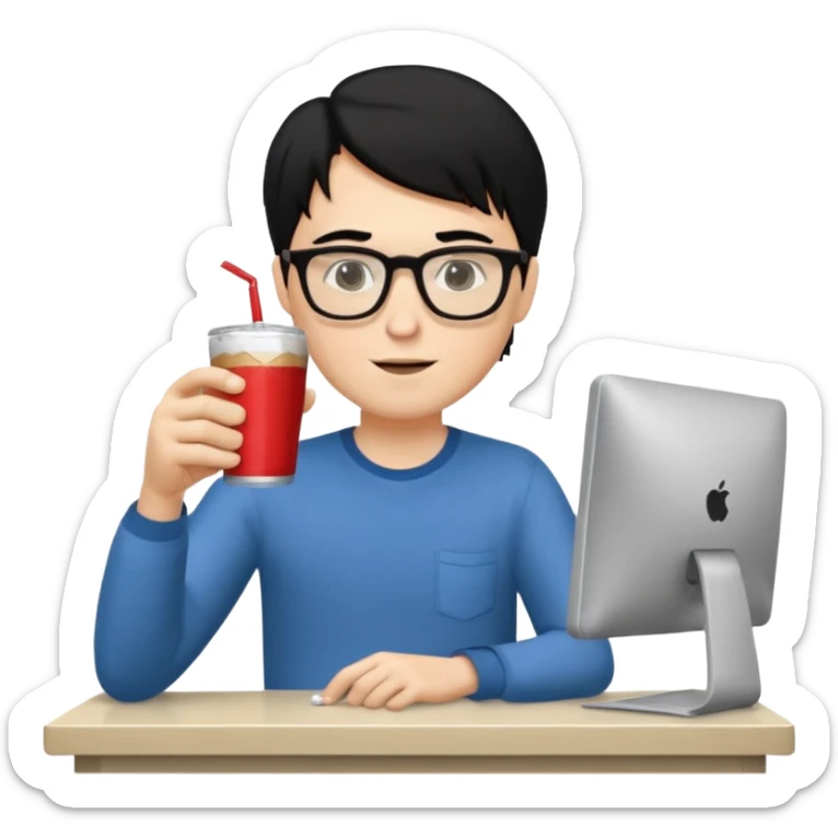 Hombre blanco con gafas, pelo negro tomando un refresco frente a un ordenador con ropa de sport, se ve en la pantalla del ordenador una mujer rubia tomando café sticker