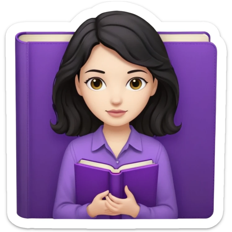 Long Hair Women, with Black dark wavy hair, with purple Book, beige shir, without background sticker