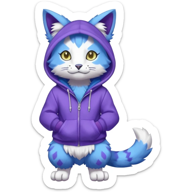 Blue garurumon-purloin-feline-Fakemon-Digimon-creature wearing a violet hoodie fursona (full body)  sticker