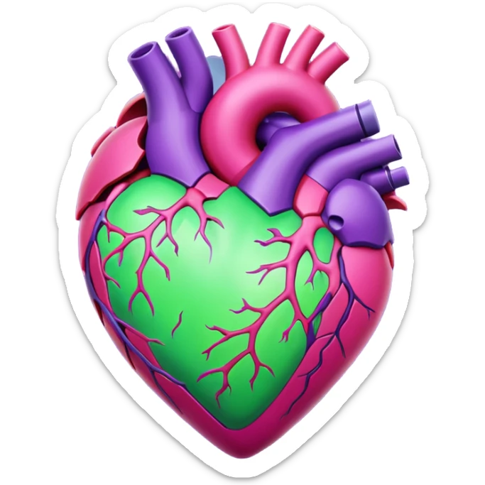 Pulsating heart with purple, hot pink, amber, light green, and dark purple sticker