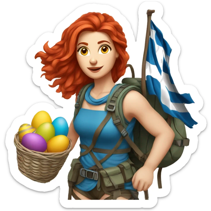 Greek Female winter mountaineer red hair white skin climbing with Greek Flag and Easter eggs basket sticker