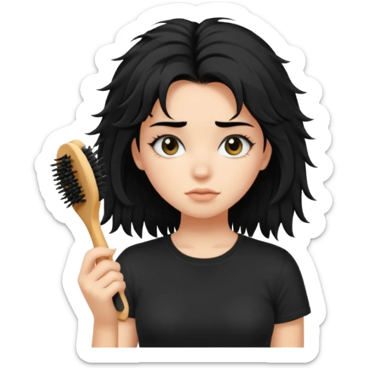 a pretty bratz fair girl with messy shaggy black hair with mascara smudged wearing a tight black tee with a hair brush stuck in hair sticker