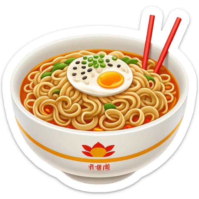 Wuhan hot dry noodles with sesame paste breakfast bowl, simplified emoji style with bold outlines and bright colors, cartoon style Hubei morning Re Gan Mian sticker