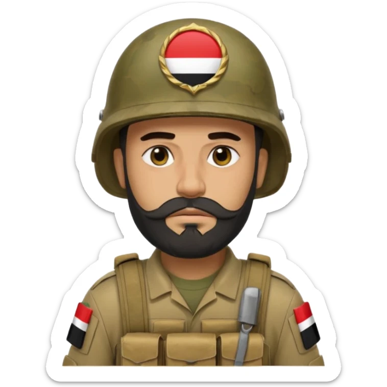 A very tired and sad, swarthy Iraqi soldier with a beard, an Iraqi flag on his helmet, a sad expression and bags under his eyes sticker