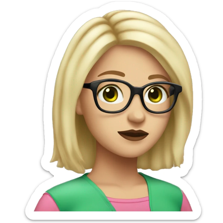 female, shoulder length blonde hair, black rimmed glasses, green eyes, pink shirt, light skin, pink lips sticker